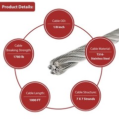 1000FT Stainless Steel Cable Kit for 1/8" 7×7 With Cutter, Silver