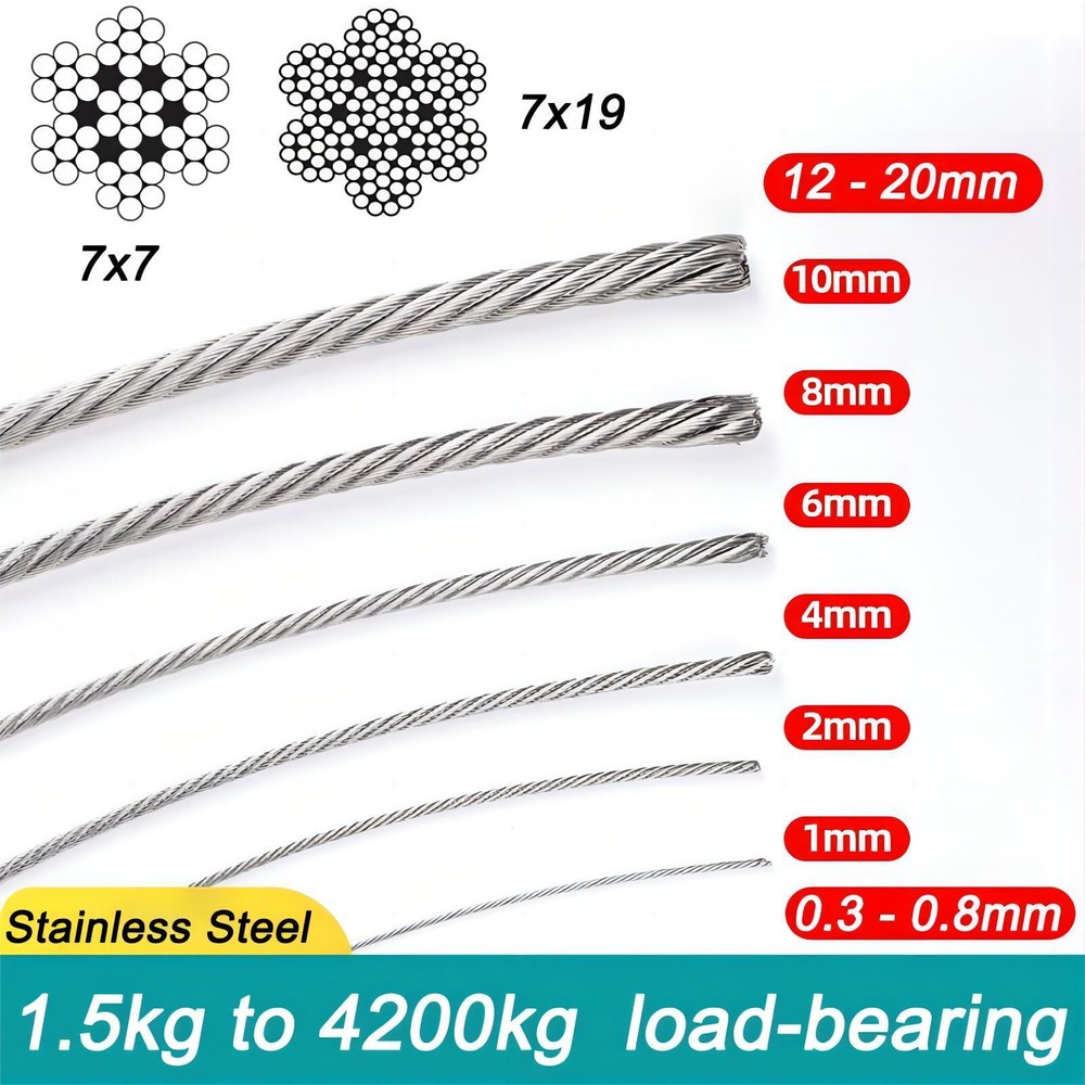 Stainless steel 304 Wire Rope cable rigging 0.3-1mm 2mm 3mm 4mm 5mm 6mm 8mm-20mm
