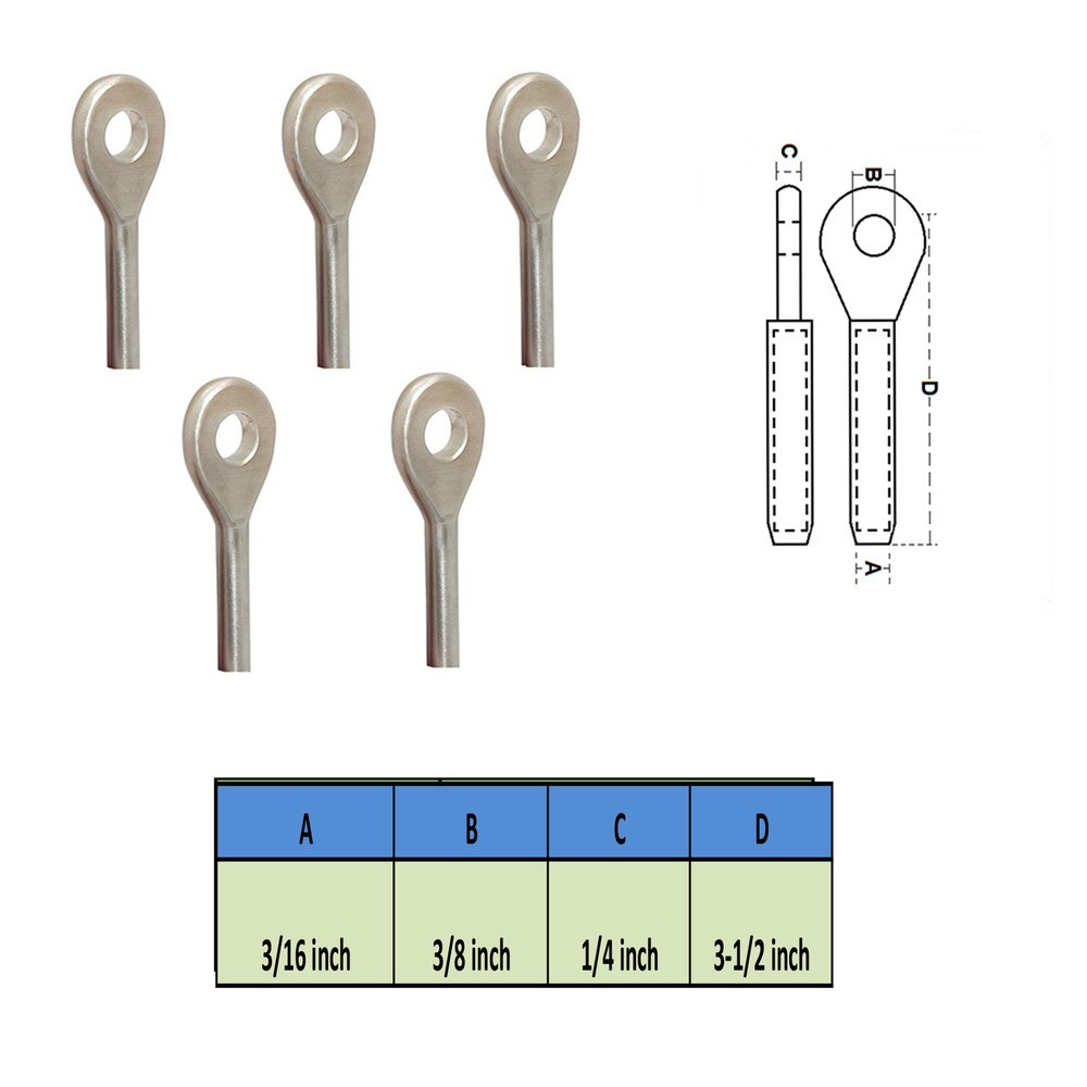 5 PC Swage Eye Terminal End for 3/16″ Wire Rope Solid Stainless Steel 316 Grade