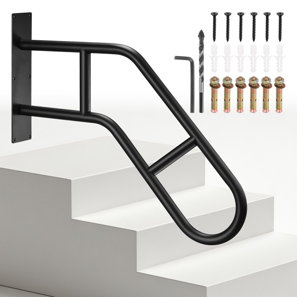 2 Pcs Door Handrails, 22.83″ with 2 Brace Bar for Stairs Porch, Black