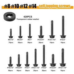 840Pcs #14#12#10#8 Self Tapping Screws for Metal,410 Stainless Steel Screws Asso