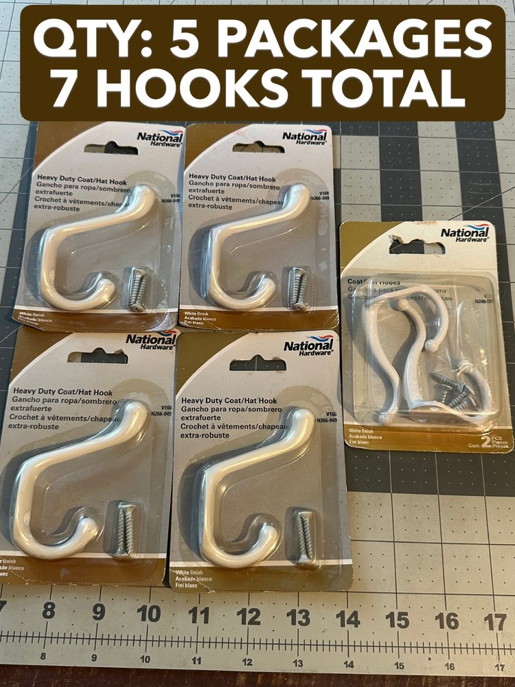 NOS 5-PACK lot National Hardware N266-049 Heavy Duty Coat clothes Hat Hook White