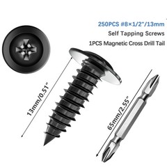 250 tornillos para madera negros n.° 8 x 1/2″, tornillos autorroscantes de acero
