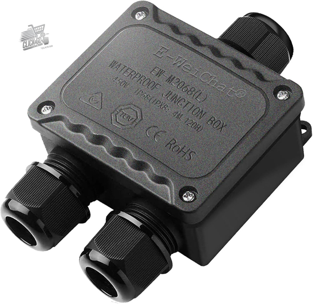 Waterproof Junction Box IP68 3 Way Outdoor Cable Gland M25 Black Garden