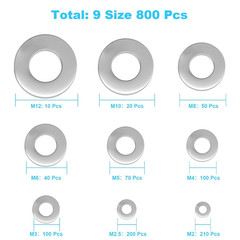 800 Pcs 304 Stainless Steel Flat Washers 800 PCS 304 Steel, Silver