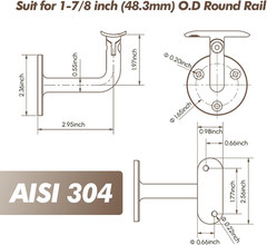 Handrail Bracket, 180°Rotating 304 Stainless Steel 1-7/8 Inch Hand Rail Bracket,