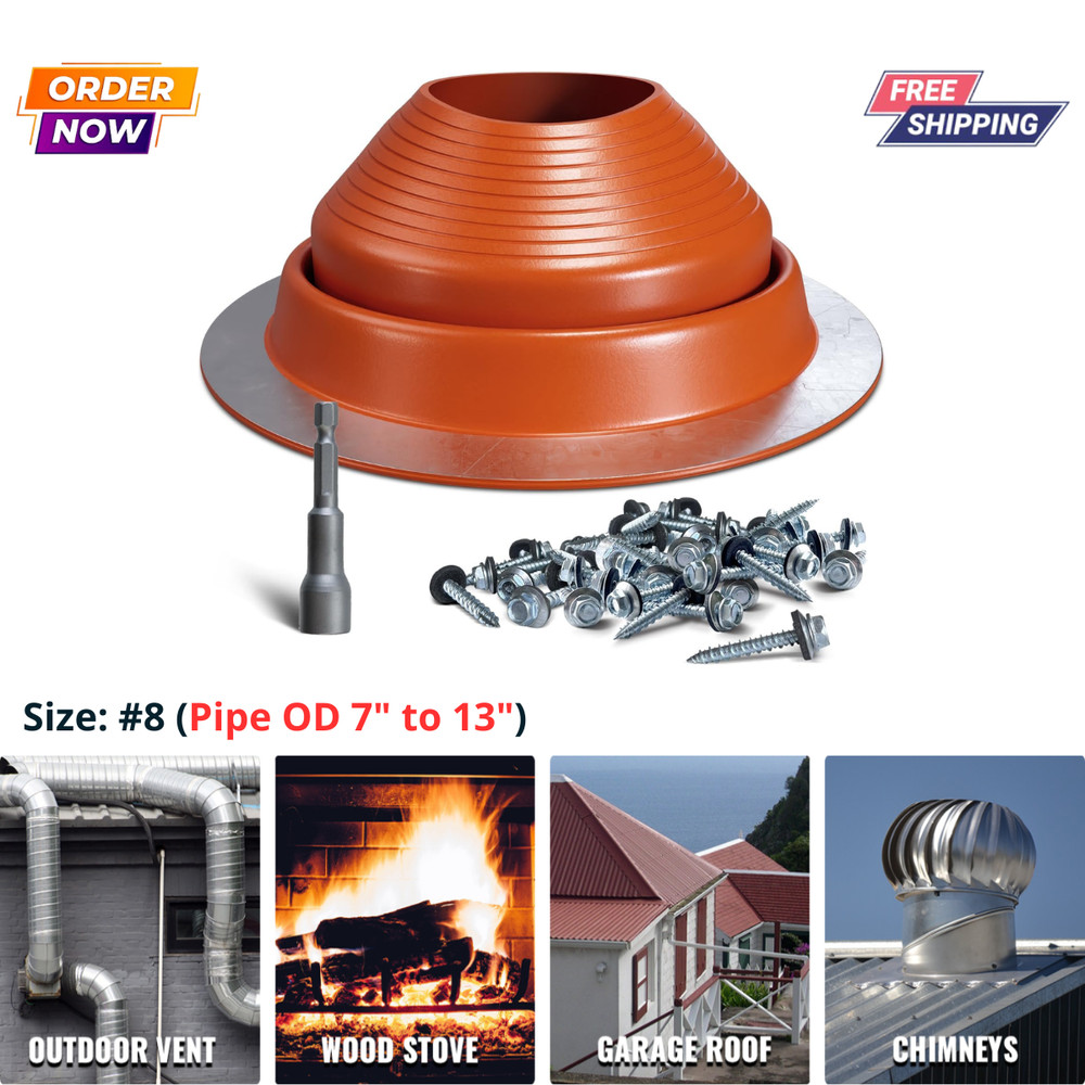 #8 Silicone Metal Roof Pipe Flashing Boot 7″ to 13″ High Temp Roof Jack + Screw