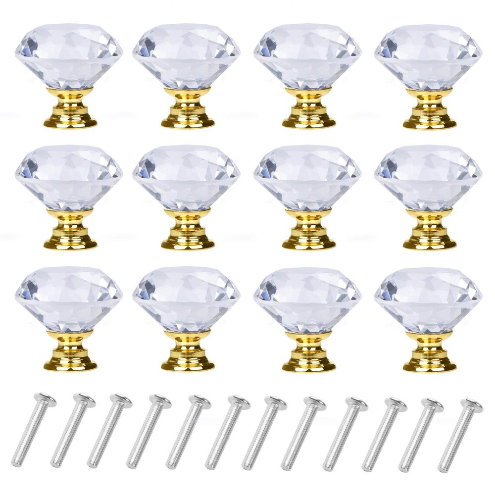 YourGift 12 Pack Drawer Knobs Diamond Shaped Crystal 30 mm, 12 Pack, Gold