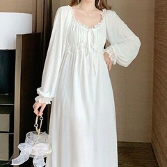 Womens Vintage Cotton Nightgown Long Sleeve Night Dress Loose White Nightdress