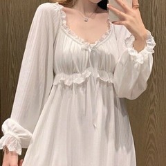 Womens Vintage Cotton Nightgown Long Sleeve Night Dress Loose White Nightdress