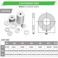 110 Pcs 304 Stainless Steel Metal Flat M3, M4, M5, M6, M8, M10, M12, Silver