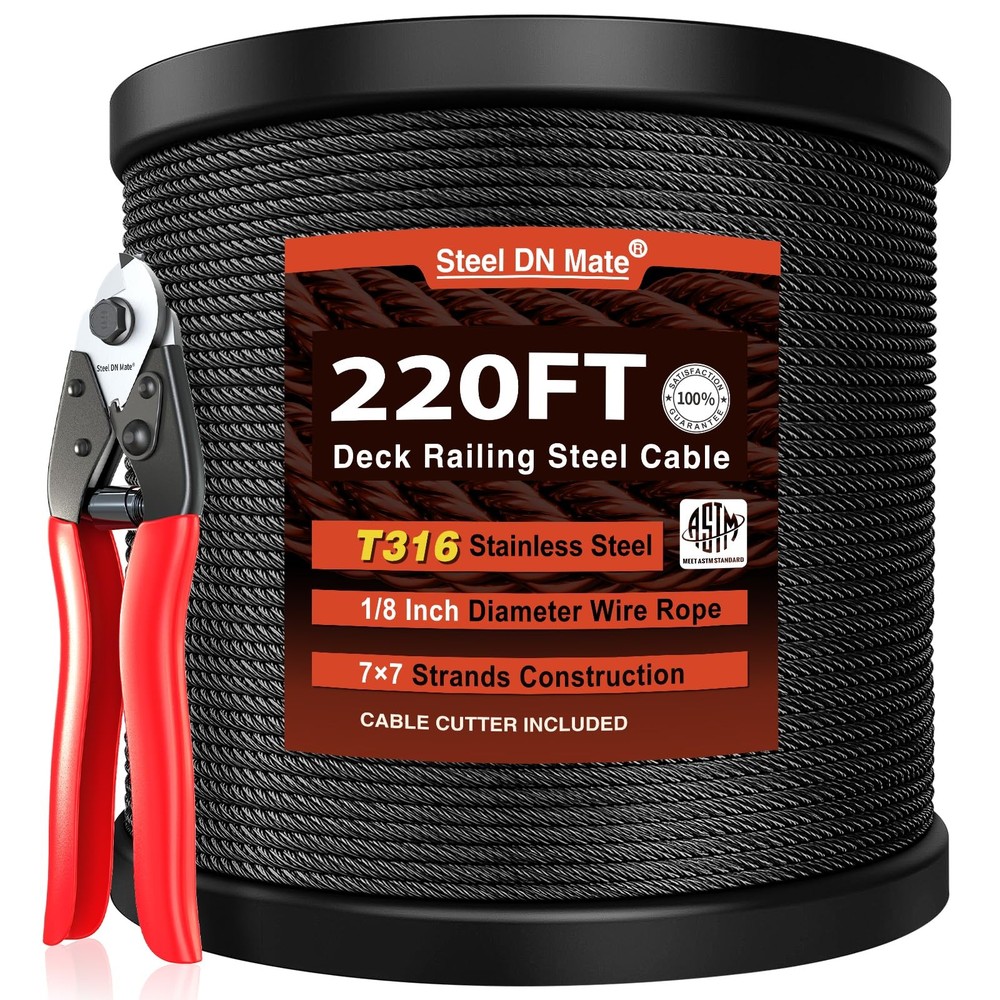 Steel DN Mate 220ft Black Wire Rope 1/8″ T316L 220FT with Cutter,