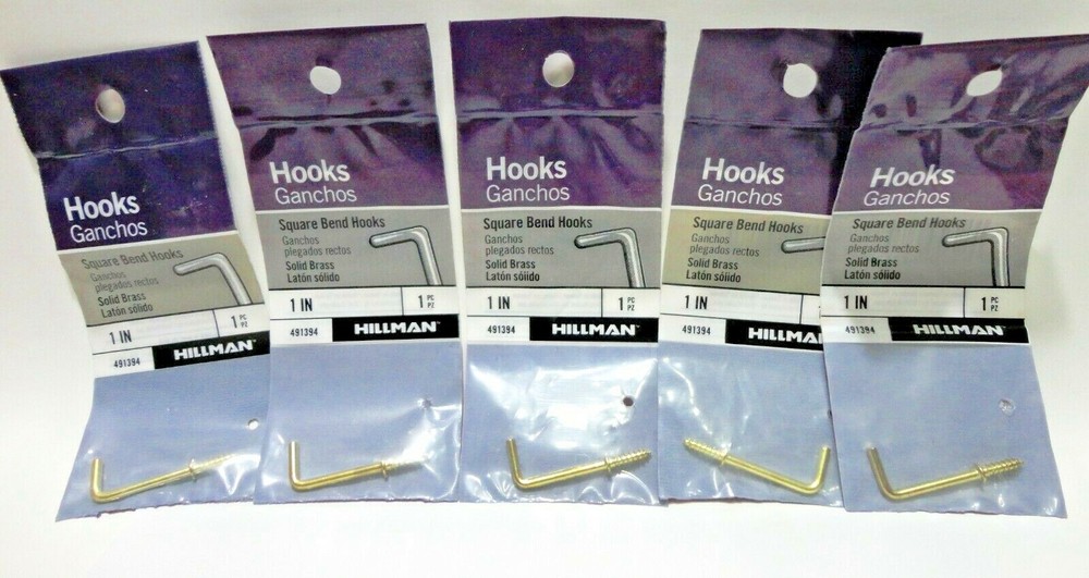 5-Pk Hillman Square Bend Hooks 1-in Solid Brass 58421
