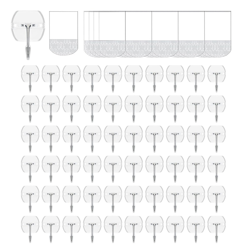 60 Clear Small Wire Hanger Hooks – 70 Strips, Damage-Free, 0.5lb Capacity
