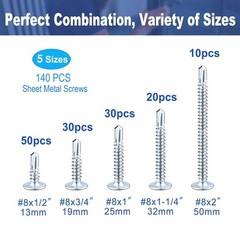 140 Pcs #8 Self Tapping Screws for Metal, 1/2″,3/4″,1″,1-1/4″,2″, Silver