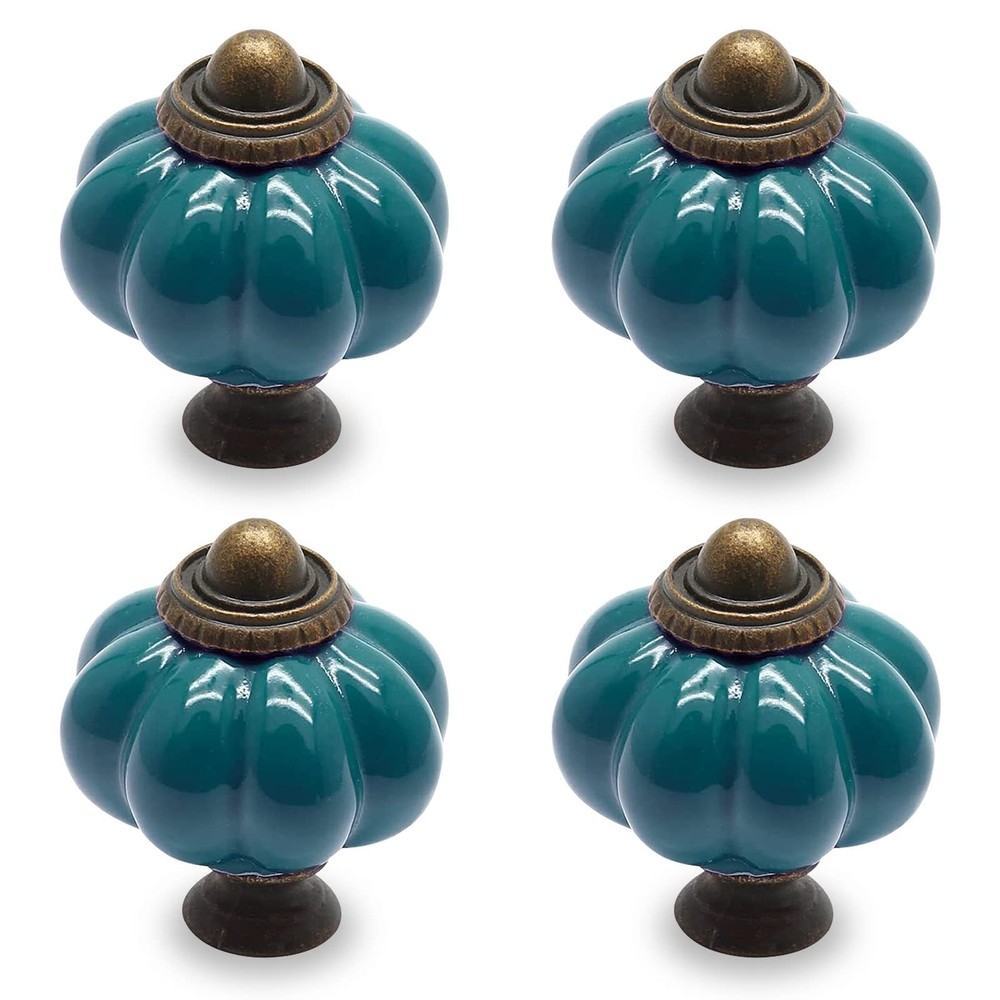 Seimneire 4pcs Teal Pumpkin Knobs, Vintage Ceramic Cabinet 4 Pieces,