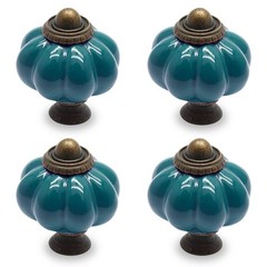Seimneire 4pcs Teal Pumpkin Knobs, Vintage Ceramic Cabinet 4 Pieces,