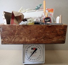 vintage wood box with lots of hardware & repair parts nuts bolts odds & ends
