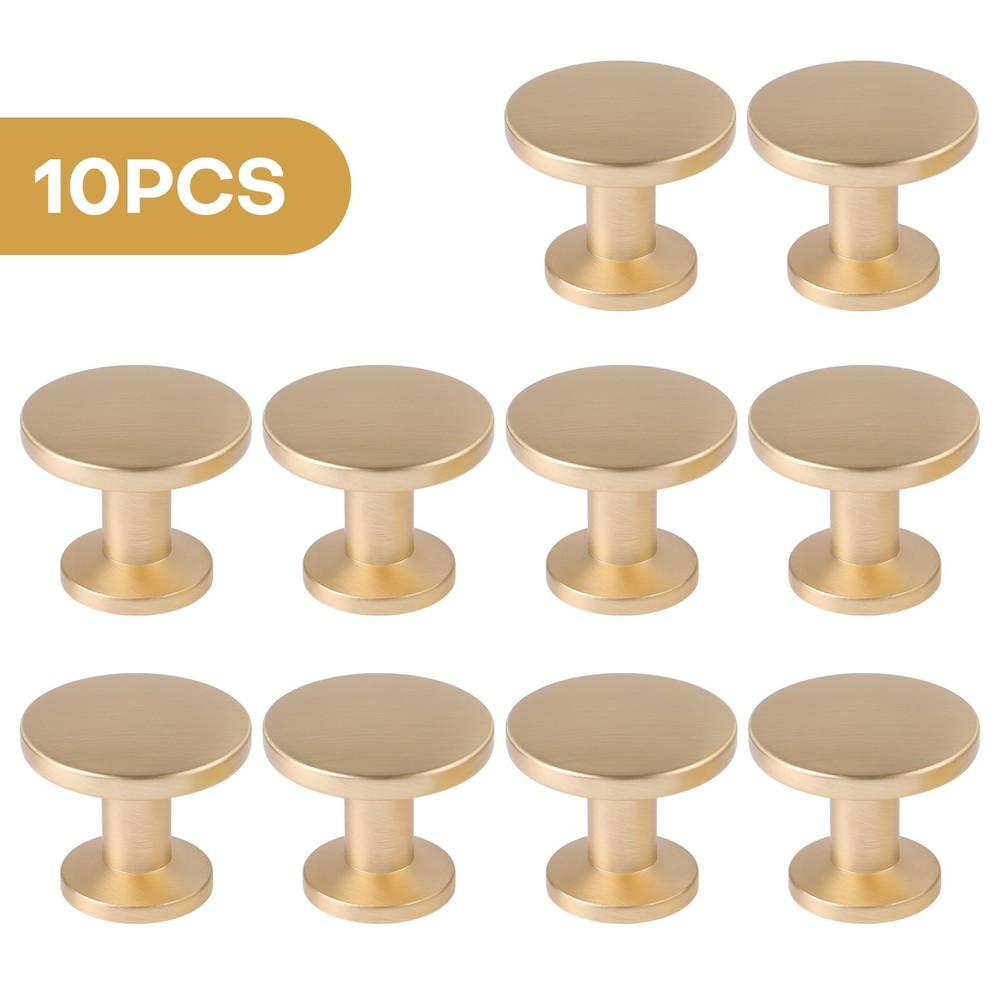 No No 10 Pack Gold Cabinet Knobs, Brushed Brass Finish, Zinc Alloy Round Drawer