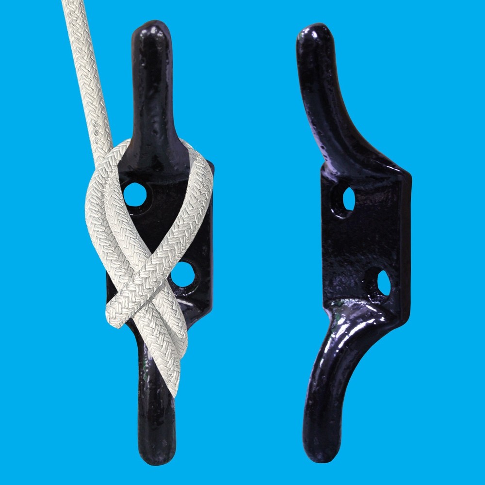 6x 100mm (4″) Black Cast Iron Cleat Hook, Flag Pole Rope Halyard Washing Line