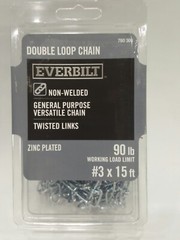 Everbilt 760309 Double Loop Chain #3 x 15 ft. 90 lb. Capacity Zinc Plated, New
