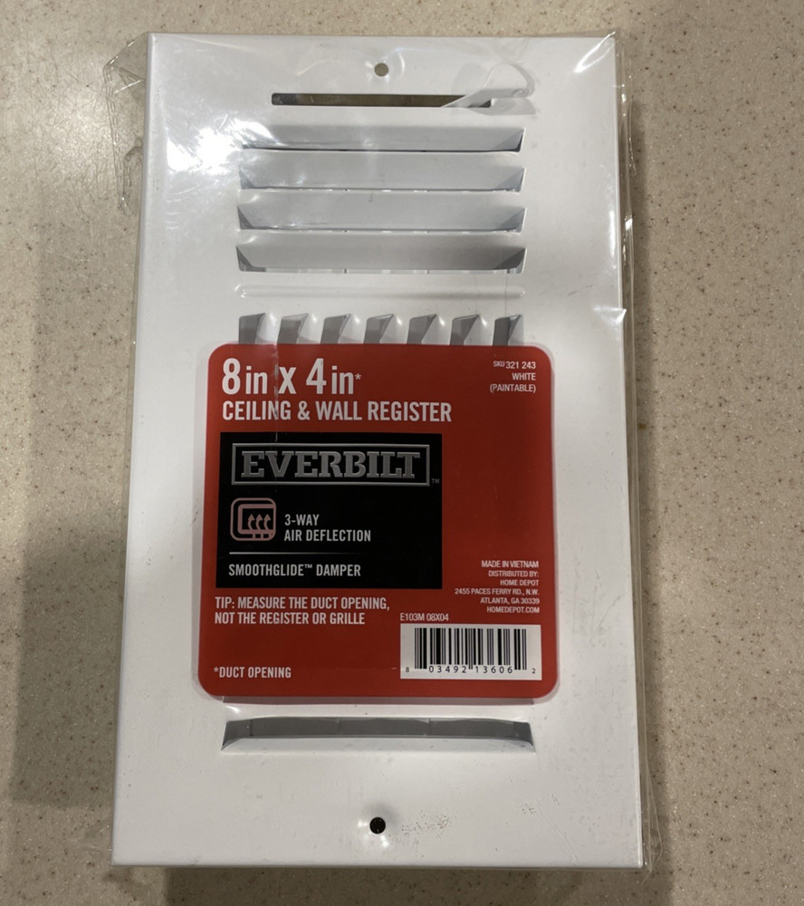 EVERBILT White 8 in. x 4 in. 3-Way Steel Wall/Ceiling Paintable Register NEW