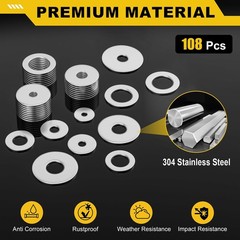 WIESVOP 108Pcs 304 Stainless Steel Flat Washers, Fender 12 Sizes 108 Pieces
