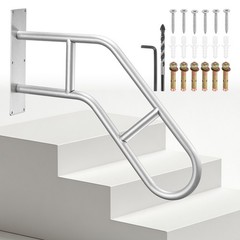 2 Pcs Door Handrails, 22.83″ with 2 Brace Bar for Stairs Porch, Silver Tone