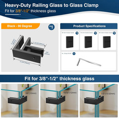 1 Pack Black 90 Degree Railing Glass to Glass Clamp No Drilled Required, T304 Ra