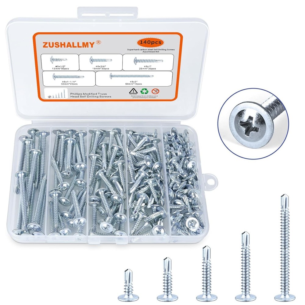 140 Pcs #8 Self Tapping Screws for Metal, 1/2″,3/4″,1″,1-1/4″,2″, Silver