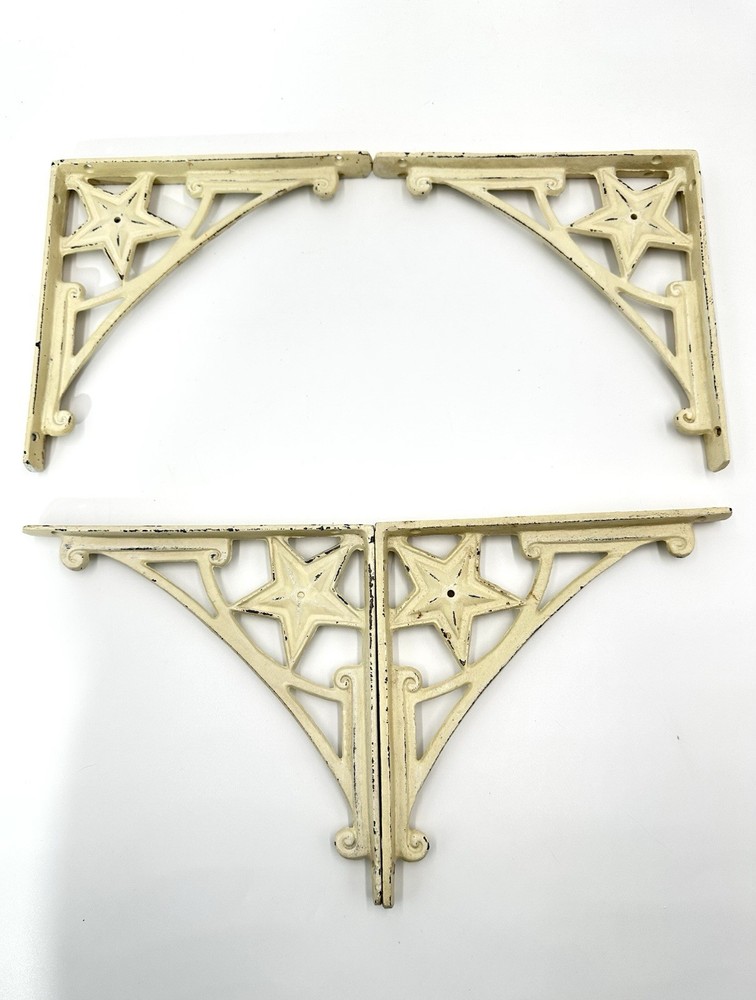 4 Cast Iron Star Brackets Garden Braces Shelf Bracket Off White RUSTIC Vintage