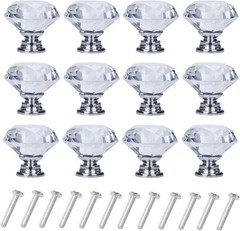 12 Pack Drawer Knobs Diamond Shaped Crystal Glass 30mm 30 mm, 12 Pack, Silver