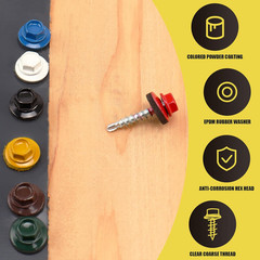 300Pcs #10 X 1 Red Hex Head Self-Drilling Metal Roofing Screws, EPDM Washer, Col