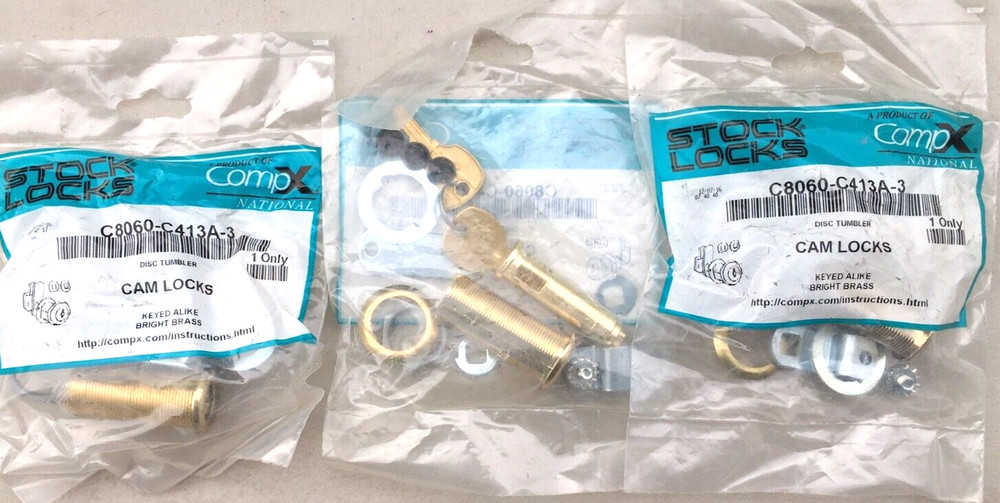 (3) CompX C8060-C413A Cam Lock 1 3/4″ Keyed Alike Bright Brass USA MADE