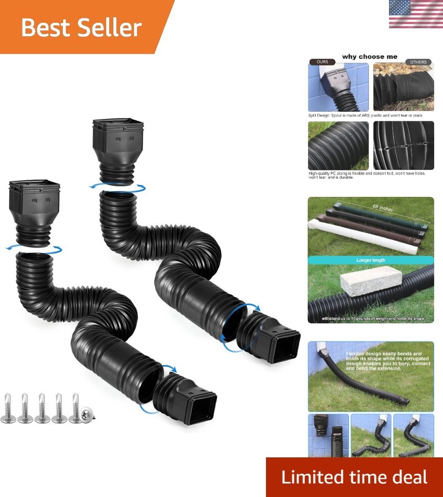 Black-2pack Rain Gutter Downspout Extensions Flexible, Drain Downspout Extend…