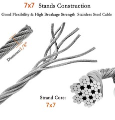 1/8 Inch Stainless Steel Wire Rope Kit, 7×7 Strands, 100 ft Length, With Cabl…
