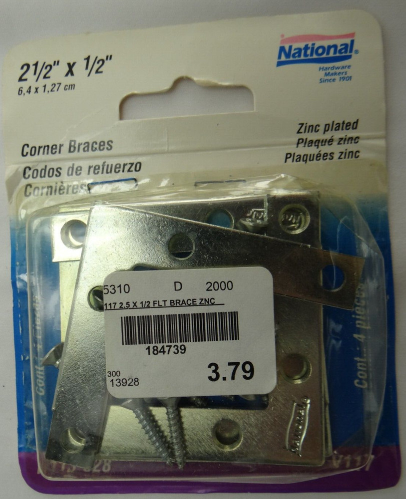 Corner Braces 2 1/2″ x 1/2″ National, N113-928, V117, Steel, Zinc Plated, 4 Pcs