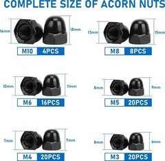 88pcs Black Metric Kits Acorn Cap Nuts, 304 (18-8) Stainless Steel M3 M4 M5 M…