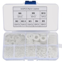YOUYIDUN-650 Pcs White Nylon Flat Washer Assortment Kit, Round 1 cm,