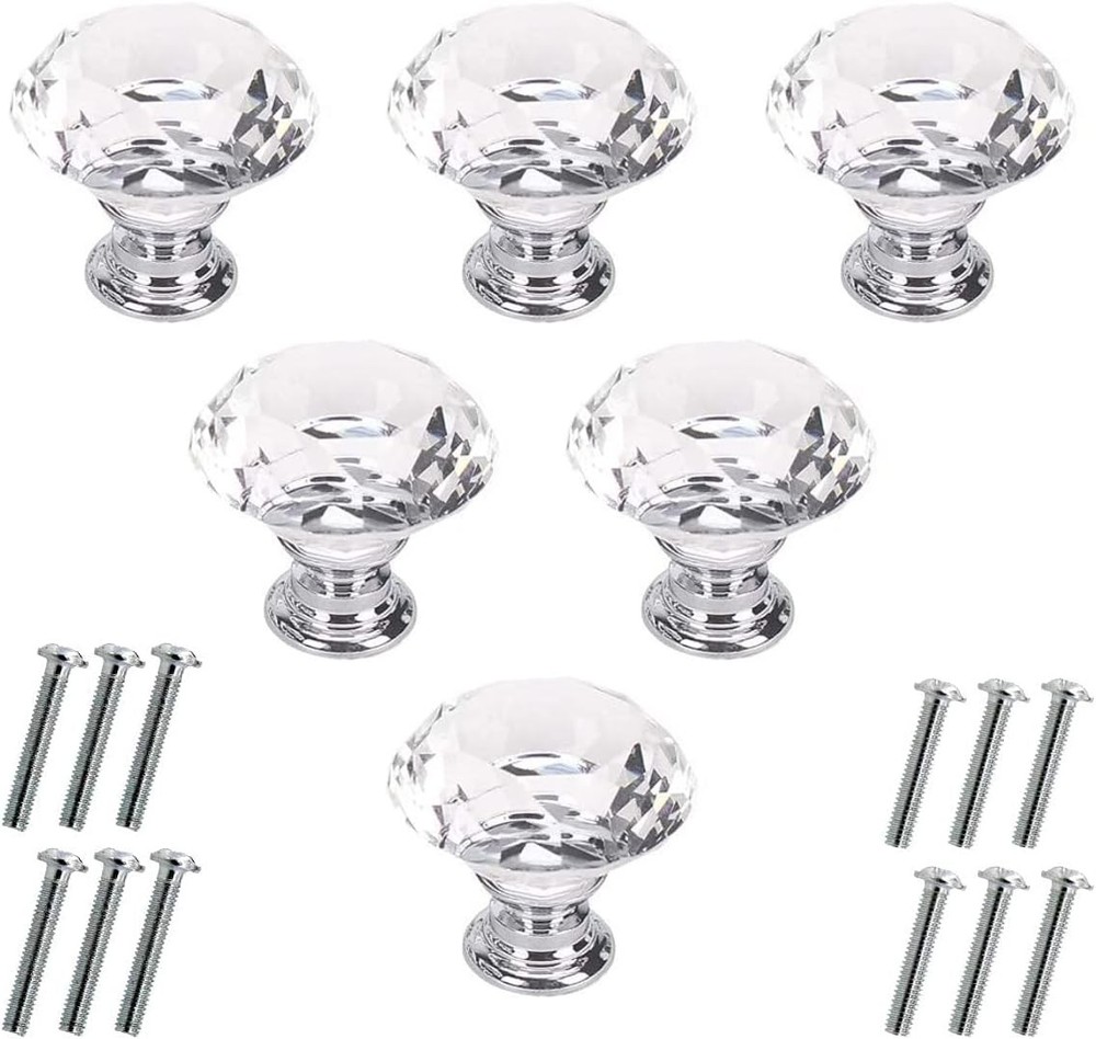 6 Pcs Crystal Glass Cabinet Knobs 30mm Diamond Shape Drawer 30 mm, Clear