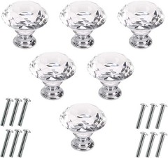 6 Pcs Crystal Glass Cabinet Knobs 30mm Diamond Shape Drawer 30 mm, Clear