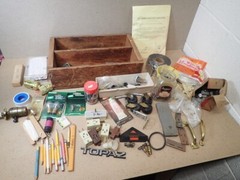 vintage wood box with lots of hardware & repair parts nuts bolts odds & ends