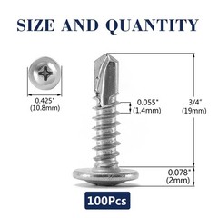 #8 x 3/4″ Sheet Metal Screws 100PCS 410 Stainless Steel x 3/4″, Silver