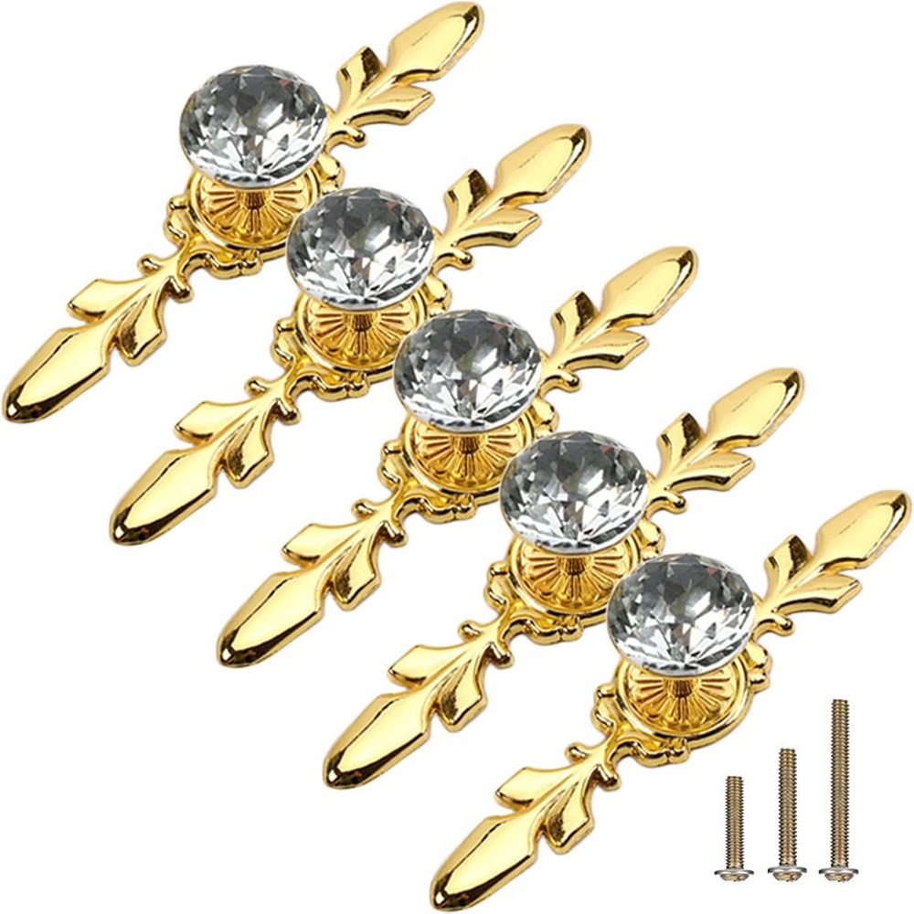 ESreake 5 Pack Gold Diamond Clear Crystal Glass Decorative Knobs 5 Pack,