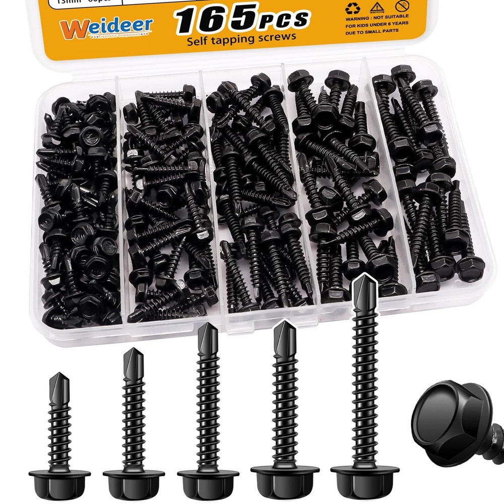 weideer 165pcs #8#10 Self Tapping Screws, Sheet Metal BK #8 #10 Kit, Black