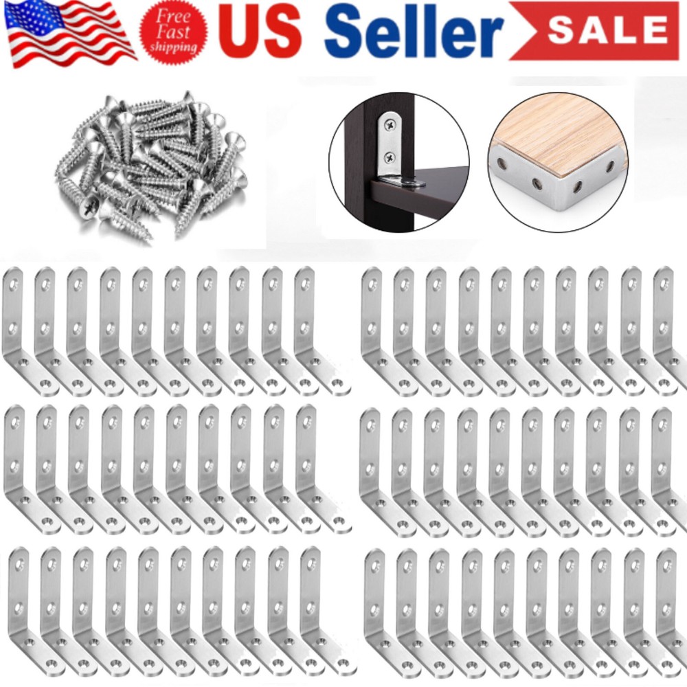 Lot L-Shaped Bracket Corner Brace Silver Stainless Steel Right Angle w/ Screws