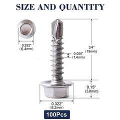 #8 x 3/4″ Sheet Metal Screws 100PCS 410 Stainless Steel Hex x 3/4″, Silver