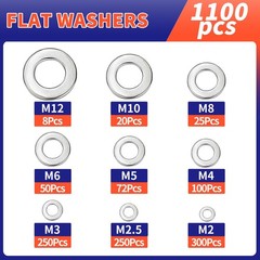 1100 Pcs Flat Washers M2 M2.5 M3 M4 M5 M6 M8 M10 M12, Washers-1100Pcs