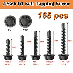 weideer 165pcs #8#10 Self Tapping Screws, Sheet Metal BK #8 #10 Kit, Black