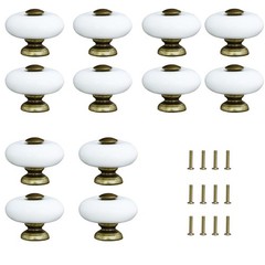 AUXBC 12Pcs 1.3″ Ceramic Round Knobs, Antique Brass and 1.3 Inch, White